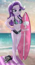 Size: 1089x2000 | Tagged: safe, artist:emeraldblast63, part of a set, starlight glimmer, human, equestria girls, g4, barbie, barefoot, beach, big breasts, bikini, breasts, busty starlight glimmer, clothes, feet, female, kelly sheridan, ocean, painted nails, sexy, shoes, solo, stupid sexy starlight glimmer, sunlight, surfboard, swimsuit, toes, voice actor joke, water