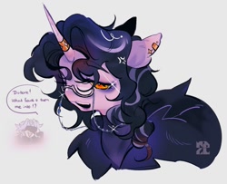 Size: 1333x1084 | Tagged: safe, artist:yuch42023, part of a set, human, pony, unicorn, black mane, clothes, coat, dottore (genshin impact), duo, duo male, ear piercing, earring, floppy ears, fur coat, genshin impact, glasses, glasses chain, horn, horn ring, jewelry, lidded eyes, lipstick, long horn, looking back, male, open mouth, pantalone (genshin impact), piercing, ponified, purple lipstick, ring, shiny horn, solo focus, speech bubble, stallion, talking, text, two toned eyes, watermark, white coat, white pupils, yellow eyes