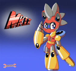 Size: 1600x1500 | Tagged: safe, artist:trackheadtherobopony, oc, oc only, oc:trackhead, pony, robot, robot pony, semi-anthro, chainsaw, drill, gradient background, logo, solo