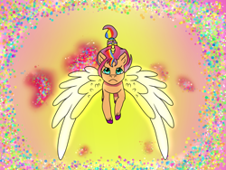 Size: 1600x1200 | Tagged: safe, artist:bluefinarts, sunny starscout, alicorn, pony, alicorn issues, g5, my little pony: tell your tale, artificial horn, artificial wings, augmented, female, frown, glitter, horn, magic, magic horn, magic wings, mane stripe sunny, mare, race swap, scene interpretation, solo, spread wings, sunnycorn, unshorn fetlocks, wings