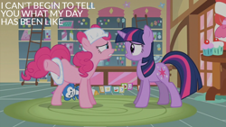 Size: 2000x1125 | Tagged: safe, edit, edited screencap, editor:quoterific, screencap, pinkie pie, twilight sparkle, earth pony, pony, unicorn, baby cakes, g4, my little pony: friendship is magic, candy, caption, diaper, duo, duo female, female, food, lollipop, non-baby in diaper, sugarcube corner, text, toy, unicorn twilight