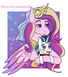 Size: 1047x1180 | Tagged: safe, artist:bluefinarts, princess cadance, shining armor, alicorn, pony, unicorn, g4, 2024, blushing, bowtie, dialogue, duo, duo male and female, female, folded wings, height difference, hoof shoes, horn, horn ring, hug, male, mare, meme, messy mane, open mouth, open smile, passepartout, princess shoes, ring, ship:shiningcadance, shipping, size difference, smiling, stallion, straight, the bride and the ugly ass groom, toy interpretation, wings