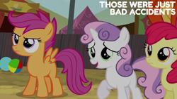 Size: 2000x1125 | Tagged: safe, edit, edited screencap, editor:quoterific, screencap, apple bloom, scootaloo, sweetie belle, pony, appleoosa's most wanted, g4, season 5, balloon, cutie mark crusaders, female, filly, foal, trio, trio female