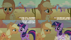 Size: 2000x1125 | Tagged: safe, edit, edited screencap, editor:quoterific, screencap, applejack, fluttershy, rainbow dash, twilight sparkle, earth pony, pegasus, pony, unicorn, g4, season 2, the last roundup, applejack's hat, cowboy hat, desert, female, hat, mare, unicorn twilight