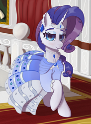Size: 1914x2615 | Tagged: safe, artist:raritymylove, rarity, pony, unicorn, g4, alternate hairstyle, blue dress, chest fluff, clothes, dress, ear fluff, ear piercing, earring, female, gala dress, heart, heart eyes, horn, jewelry, kwistal gala, looking at you, mare, necklace, pearl necklace, piercing, rarity's first gala dress, solo, wingding eyes