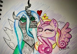 Size: 3863x2727 | Tagged: safe, artist:doodle-doodie-doo, princess cadance, queen chrysalis, alicorn, changeling, changeling queen, pony, g4, duo, duo female, eyes closed, female, heart, infidelity, lesbian, love, paper, queen chrysalis is not amused, ship:cadalis, shipping, smiling, traditional art, unamused