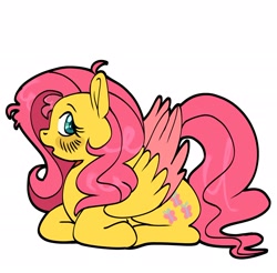 Size: 2048x2013 | Tagged: safe, artist:roseytherose, part of a set, fluttershy, pegasus, pony, g4, alternate design, blush lines, blushing, colored wings, colored wingtips, cute, eyelashes, female, folded wings, high res, looking back, lying down, mare, pink mane, pink tail, ponyloaf, prone, shiny mane, shiny tail, shyabetes, simple background, solo, tail, teal eyes, two toned wings, wavy mane, wavy tail, white background, wingding eyes, wings, yellow coat