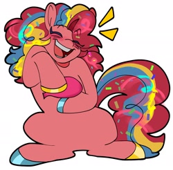 Size: 2048x2013 | Tagged: safe, artist:roseytherose, part of a set, pinkie pie, earth pony, pony, g4, alternate color palette, alternate design, alternate mane color, alternate tail color, blushing, colored eyelashes, colored hooves, confetti in mane, confetti in tail, curly mane, curly tail, emanata, eye clipping through hair, eyebrows, eyebrows visible through hair, eyelashes, eyes closed, female, high res, hoof hold, hooves, laughing, mare, mismatched hooves, multicolored hooves, multicolored mane, multicolored tail, open mouth, open smile, purple eyelashes, shiny hooves, shiny mane, shiny tail, simple background, sitting, smiling, solo, tail, three toned mane, three toned tail, tri-color mane, tri-color tail, tri-colored mane, tri-colored tail, tricolor mane, tricolor tail, tricolored mane, tricolored tail, white background, whoopee cushion
