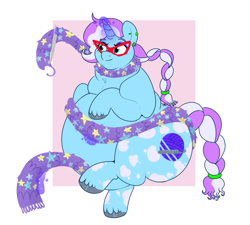 Size: 999x898 | Tagged: safe, artist:lulubell, oc, oc only, oc:purl periwinkle, pony, unicorn, adorafatty, braid, braided ponytail, braided tail, clothes, crochet, fat, female, glasses, glowing, glowing horn, horn, levitation, magic, mare, obese, ponytail, scarf, smiling, solo, tail, telekinesis