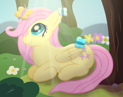 Size: 3500x2763 | Tagged: safe, artist:sweetielover, fluttershy, butterfly, pegasus, pony, g4, atg 2024, bush, countryside, cute, female, flower, folded wings, forest, happy, high res, nature, newbie artist training grounds, peaceful, rock, shyabetes, sitting, smiling, solo, sunlight, tree, wings