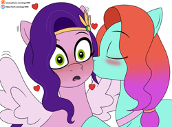 Size: 4105x3040 | Tagged: safe, alternate version, artist:eagc7, jazz hooves, pipp petals, earth pony, pegasus, pony, g5, blushing, cheek kiss, duo, duo female, eyes closed, eyes open, female, heart, heart eyes, kissing, lesbian, mare, ship:jazzpipp, shipping, simple background, spread wings, white background, wingboner, wingding eyes, wings