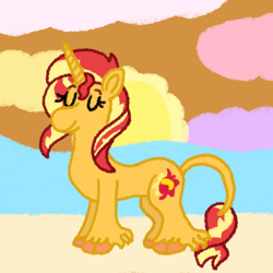 Size: 1500x1500 | Tagged: safe, artist:mintwhistle, sunset shimmer, classical unicorn, pony, unicorn, equestria girls, g4, atg 2024, beach, cloud, cloven hooves, colored hooves, eyes closed, female, hooves, horn, leonine tail, mare, medibang paint, newbie artist training grounds, ocean, peaceful, smiling, solo, sun, sunset, unshorn fetlocks, water