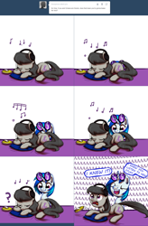 Size: 2562x3916 | Tagged: safe, artist:esuka, dj pon-3, octavia melody, vinyl scratch, pony, ask-canterlot-musicians, g4, duo, duo female, female, headphones, lying down, music notes, prone