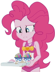 Size: 1927x2520 | Tagged: safe, edit, edited screencap, editor:homersimpson1983, screencap, pinkie pie, human, equestria girls, g4, background removed, bare shoulders, clothes, cupcake, female, food, not a vector, one-piece swimsuit, pinkie pie swimsuit, simple background, sleeveless, solo, swimsuit, transparent background, tray