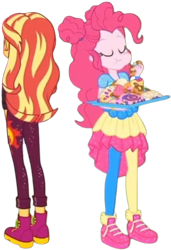 Size: 1727x2520 | Tagged: safe, edit, edited screencap, editor:homersimpson1983, screencap, pinkie pie, sunset shimmer, human, equestria girls, equestria girls specials, g4, my little pony equestria girls: sunset's backstage pass, background removed, cheek bulge, duo, duo female, eating, eyes closed, female, low quality, needs more jpeg, not a vector, rear view, simple background, slender, stuffing, thin, transparent background