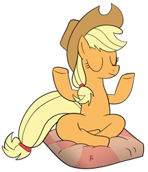 Size: 2463x2854 | Tagged: safe, artist:frownfactory, applejack, earth pony, pony, g4, applejack's hat, atg 2024, cowboy hat, cushion, eyes closed, female, hat, mare, newbie artist training grounds, peaceful, simple background, solo, transparent background, yoga