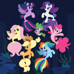 Size: 3000x3000 | Tagged: safe, artist:cloudy glow, applejack, fluttershy, pinkie pie, rainbow dash, rarity, spike, twilight sparkle, alicorn, dragon, earth pony, pegasus, sea dragon, seapony (g4), unicorn, g4, my little pony: the movie, applejack's hat, bubble, clothes, cowboy hat, cute, dashabetes, diapinkes, dorsal fin, eyelashes, female, fin, fin wings, fins, fish tail, flowing mane, flowing tail, gem, happy, hat, horn, jackabetes, lidded eyes, male, mane seven, mane six, mare, movie accurate, ocean, open mouth, open smile, raribetes, scales, seaponified, seapony applejack, seapony fluttershy, seapony pinkie pie, seapony rainbow dash, seapony rarity, seapony twilight, seaquestria, seaweed, shyabetes, signature, smiling, species swap, spikabetes, spike the seadragon, spread wings, swimming, tail, twiabetes, twilight sparkle (alicorn), underwater, water, wings