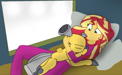 Size: 1504x929 | Tagged: safe, artist:cooperthedoodlian, sunset shimmer, human, equestria girls, g4, bed, bugalkin, clothes, crossover, crossover shipping, cuddling, duo, duo male and female, female, hug, in bed, male, my singing monsters, pajamas, professor toot, ship, shipping, straight