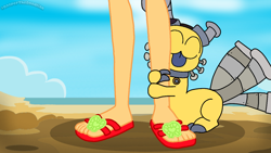 Size: 1280x720 | Tagged: safe, artist:cooperthedoodlian, applejack, human, equestria girls, g4, beach, bugalkin, duo, duo male and female, feet, female, foot focus, hug, leg, leg hug, male, my singing monsters, offscreen character, offscreen human, sand, sandals