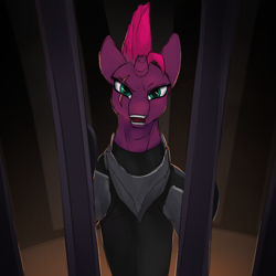 Size: 2160x2160 | Tagged: safe, artist:tenebrisnoctus, tempest shadow, pony, unicorn, g4, my little pony: the movie, angry, atg 2024, bars, broken horn, cage, female, horn, looking at you, mare, narrowed eyes, newbie artist training grounds, open mouth, scowl, solo