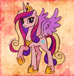 Size: 1981x2048 | Tagged: safe, artist:dariarchangel, princess cadance, alicorn, pony, g4, colored wings, crown, cute, cutedance, eyebrows, eyebrows visible through hair, female, gradient wings, high res, hoof shoes, jewelry, long hair, long mane, long tail, looking at you, mare, multicolored hair, multicolored mane, multicolored tail, peytral, princess shoes, raised hoof, regalia, signature, slender, smiling, smiling at you, solo, spread wings, standing, tail, thin, three toned mane, wings