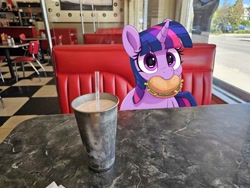 Size: 2048x1536 | Tagged: safe, artist:pabbley, edit, twilight sparkle, pony, unicorn, g4, blush lines, blushing, booth, borgarposting, burger, cute, date, diner, drink, female, food, hay burger, heart, horn, irl, looking at you, mare, milkshake, mouth hold, nom, photo, ponies in real life, restaurant, solo, table, that pony sure does love burgers, twiabetes, twilight burgkle, unicorn twilight, wide eyes