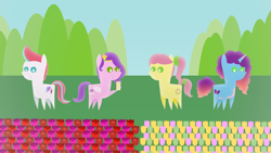 Size: 1920x1080 | Tagged: safe, artist:carrotorangelight, misty brightdawn, pipp petals, posey bloom, zipp storm, pony, g5, female, flower, flower field, phone, pointy ponies, royal sisters (g5), siblings, sisters, smiling