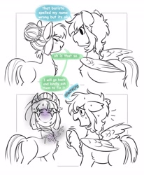 Size: 3383x4096 | Tagged: safe, artist:opalacorn, oc, oc only, earth pony, pegasus, pony, 2 panel comic, black and white, butt, comic, duo, duo male and female, emanata, female, grayscale, lineart, male, mare, monochrome, nervous sweat, partial color, plot, simple background, stallion, sweat, turned head, unshorn fetlocks, white background