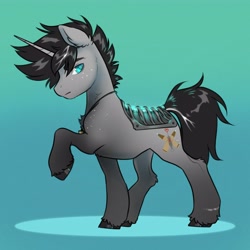 Size: 4096x4096 | Tagged: safe, artist:opalacorn, oc, oc only, oc:kona hoxxe, cyborg, pony, unicorn, concave belly, gradient background, horn, lidded eyes, male, raised hoof, solo, stallion