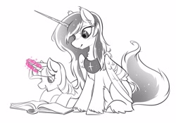 Size: 4096x2870 | Tagged: safe, artist:opalacorn, twilight sparkle, oc, oc:starlight, alicorn, pony, unicorn, g4, alicorn oc, book, duo, duo female, ethereal mane, female, glowing, glowing horn, grayscale, horn, lying down, mare, monochrome, open mouth, open smile, partial color, prone, siblings, simple background, sisters, sitting, smiling, starry mane, unicorn twilight, white background, wings