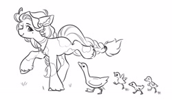 Size: 3791x2266 | Tagged: safe, artist:opalacorn, oc, oc only, oc:shortround, bird, duck, earth pony, pony, black and white, coat markings, female, floppy ears, grayscale, lineart, mare, mole, monochrome, running, smiling, solo, unshorn fetlocks