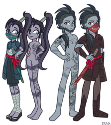 Size: 1400x1570 | Tagged: safe, artist:eilidh-draw, oc, oc only, oc:huu, oc:rai (zebra), equestria girls, g4, armor, bandage, barbie doll anatomy, barefoot, beard, belt, boots, breasts, chest, clothes, duo, duo male and female, equestria girls-ified, eye scar, facial hair, facial scar, featureless crotch, feet, female, grin, half mask, katana, male, male nipples, mask, nipples, pants, ponytail, robe, samurai, sandals, scar, shoes, simple background, size difference, skirt, smiling, sword, tattoo, transparent background, weapon