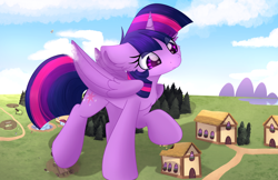 Size: 6600x4272 | Tagged: safe, artist:lbrcloud, twilight sparkle, alicorn, pony, g4, absurd resolution, chest fluff, commission, destruction, female, giant pony, giantess, macro, mare, ponyville, raised hoof, solo, twilight sparkle (alicorn), twizilla