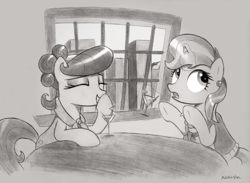 Size: 6063x4444 | Tagged: safe, artist:mizhisha, suri polomare, upper crust, earth pony, pony, unicorn, g4, absurd resolution, alcohol, city, cocktail, drink, duo, duo female, female, horn, mare, requested art, table, window