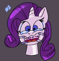 Size: 1980x2048 | Tagged: safe, artist:shreddymouse, rarity, pony, unicorn, g4, braces, dentist, gift art, gray background, horn, implied brainwashing, implied dentist, implied twilight sparkle, simple background, smiling, solo