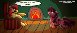 Size: 1214x524 | Tagged: safe, artist:rosa ushiromiya, apple bloom, twilight sparkle, alicorn, earth pony, pony, fanfic:another apple sleep experiment, g4, crying, duo, duo female, ears back, fanart, fanfic art, female, fire, fireplace, floppy ears, mare, spanish, twilight sparkle (alicorn)