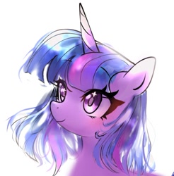 Size: 1328x1349 | Tagged: safe, artist:petaltwinkle, twilight sparkle, pony, unicorn, g4, alternate hairstyle, bangs, bust, colored sketch, cute, eye clipping through hair, eyebrows, eyebrows visible through hair, eyelashes, horn, long horn, multicolored mane, portrait, purple coat, purple eyes, shiny mane, simple background, sketch, smiling, solo, sparkly eyes, thick eyelashes, three toned mane, tri-color mane, tri-colored mane, tricolor mane, tricolored mane, twiabetes, unicorn horn, unicorn twilight, white background, wingding eyes