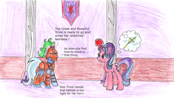 Size: 1800x1013 | Tagged: safe, artist:fleximusprime, starlight glimmer, trixie, unicorn, g4, anger magic, armor, atg 2024, duo, duo female, female, horn, magic, newbie artist training grounds