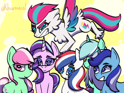 Size: 1024x768 | Tagged: safe, artist:kharmacal, lyra heartstrings, minty (g4), minuette, starlight glimmer, zipp storm, oc, oc:britannia, oc:britannia (uk ponycon), earth pony, pegasus, pony, unicorn, g4, g5, abstract background, female, freckles, grin, heart, heart eyes, horn, looking at you, mare, smiling, tail, wingding eyes