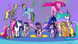 Size: 1920x1080 | Tagged: safe, artist:parronist, applejack, derpy hooves, fluttershy, pinkie pie, princess cadance, princess celestia, princess flurry heart, princess luna, rainbow dash, rarity, shining armor, spike, starlight glimmer, twilight sparkle, alicorn, dragon, earth pony, pegasus, pony, unicorn, mlp fim's tenth anniversary, g4, 2020, confetti, female, horn, male, mane seven, mane six, mare, royal sisters, siblings, sisters, spread wings, stallion, streamers, twilight sparkle (alicorn), wings