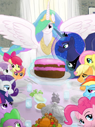 Size: 1600x2134 | Tagged: safe, artist:happybunns, apple bloom, applejack, fluttershy, pinkie pie, princess celestia, princess luna, rainbow dash, rarity, scootaloo, spike, sweetie belle, twilight sparkle, alicorn, dragon, earth pony, pegasus, pony, unicorn, g4, 2013, cake, cutie mark crusaders, female, filly, fine art parody, foal, food, freedom from want, horn, magic, male, mane seven, mane six, mare, norman rockwell, royal sisters, siblings, sisters, spread wings, telekinesis, wings