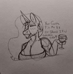 Size: 2191x2211 | Tagged: safe, artist:drheartdoodles, princess celestia, anthro, g4, breasts, cup, flirting, glass, jewelry, one eye closed, smiling, solo, traditional art, wine glass, wink