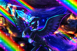 Size: 2400x1600 | Tagged: safe, artist:darksly, nightmare moon, alicorn, pony, g4, angry, atg 2024, fangs, female, looking up, mare, newbie artist training grounds, open mouth, rainbow, rearing, scowl, solo, spread wings, wings
