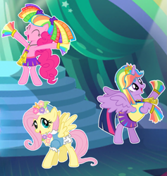 Size: 961x1012 | Tagged: safe, gameloft, fluttershy, pinkie pie, twilight sparkle, alicorn, earth pony, pegasus, pony, g4, cheerleader, cheerleader outfit, cheerleader pinkie, cheerleader sparkle, clothes, flower, trio, twilight sparkle (alicorn)