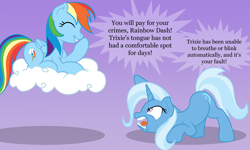 Size: 2000x1200 | Tagged: safe, artist:nitei, rainbow dash, trixie, pegasus, pony, unicorn, g4, angry, atg 2024, cloud, crouching, dialogue, duo, duo female, eyes closed, female, giggling, gradient background, grin, horn, looking up, mare, newbie artist training grounds, on a cloud, open mouth, pointing, rage, sitting, sitting on a cloud, smiling, text, yelling
