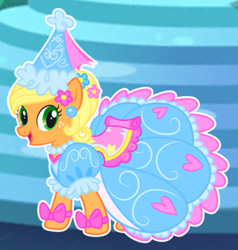 Size: 483x507 | Tagged: safe, gameloft, applejack, earth pony, pony, g4, applejack also dresses in style, beautiful, bow, clothes, dress, flower, flower in hair, froufrou glittery lacy outfit, happy, hat, hennin, jewelry, necklace, pretty, princess, princess applejack, smiling, solo