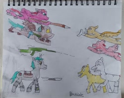 Size: 3289x2604 | Tagged: safe, artist:blackblade360, oc, oc:cherry barrel, oc:heartbeat, oc:rina flightline, griffon, pegasus, pony, undead, unicorn, zombie, zombie pony, fallout equestria, 2024, armor, armored pony, atg 2024, claws, colored pencil drawing, cyan mane, enclave, enclave armor, female, fight, flying, glowing, glowing horn, gray coat, gun, horn, irl, knife, levitation, magic, male, mare, mare oc, multiple characters, newbie artist training grounds, paper, pegasus oc, photo, pink coat, pink tail, reaching, red coat, red mane, shooting, signature, spread wings, stallion, tail, telekinesis, this will end in blood, traditional art, two toned mane, two toned tail, unicorn oc, weapon, white coat, wings, yellow coat, yellow fur