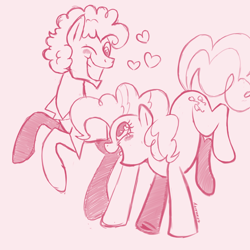 Size: 3000x3000 | Tagged: safe, artist:texacity, cheese sandwich, pinkie pie, earth pony, pony, g4, duo, duo male and female, female, grin, heart, looking at each other, looking at someone, male, mare, monochrome, open mouth, open smile, pink background, ship:cheesepie, shipping, simple background, sketch, smiling, smiling at each other, stallion, straight