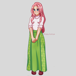 Size: 4000x4000 | Tagged: safe, artist:dearycocoa, fluttershy, human, g4, clothes, female, gray background, humanized, long skirt, simple background, skirt, solo, sweater, sweatershy