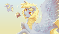 Size: 3078x1760 | Tagged: safe, artist:fealcity, derpy hooves, pegasus, pony, g4, bubble, female, food, gradient background, mare, muffin, one wing out, open mouth, open smile, raised hoof, smiling, solo, spread wings, wings